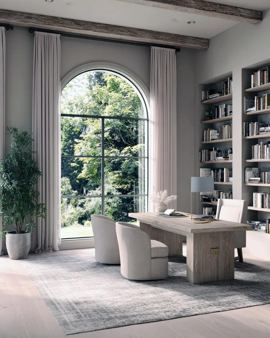 Renovated interior with arched window